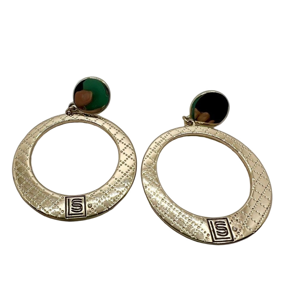 Lia Sophia Gold Quilted Logo Circle Hoop Post Dangle Drop Earrings